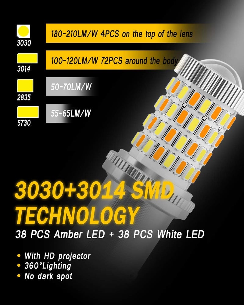 AUXLIGHT 1157 2057 2357 7528 مصابيح LED قابلة للتبديل 76 شرائح SMD بيضاء/كهرمانية مع جهاز عرض بديل لإشارات الانعطاف الأمامية/الخلفية موقف السيارات أضواء تشغيل نهارية/DRL (حزمة من 2) - Image 2